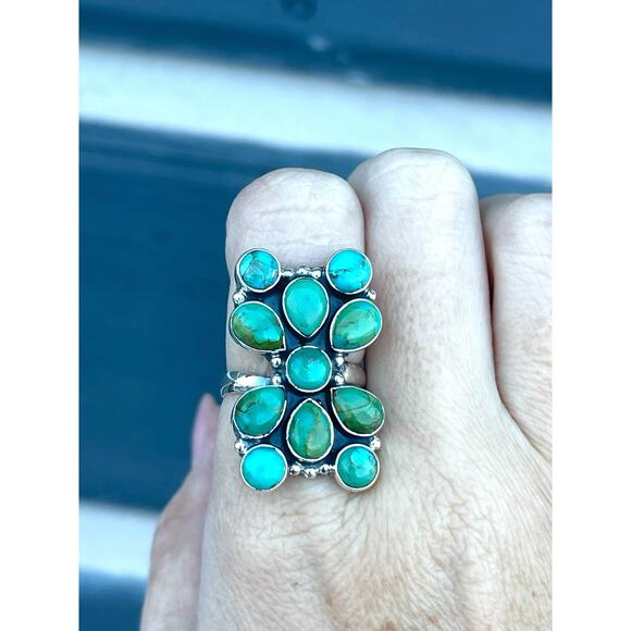 Sterling Silver NATIVE Style Turquoise Cluster Ring Adj 6-9 Large SW Statement - Picture 1 of 9
